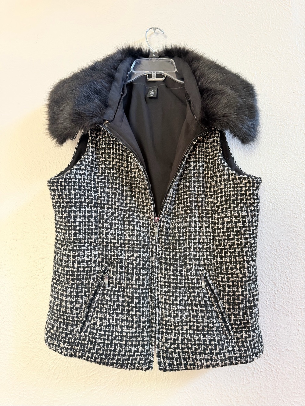 WHBM black tweed faux fur collar vest View 6